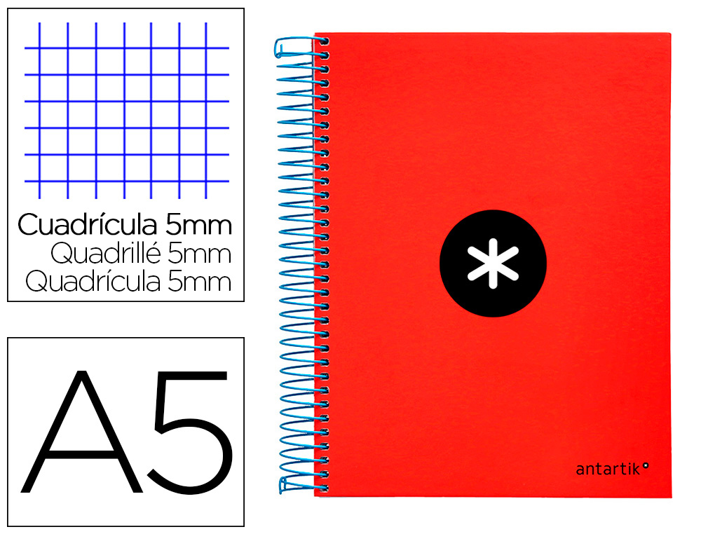 CUADERNO ESPIRAL LIDERPAPEL A5 MICRO ANTARTIK TAPA FORRADA120H 90 GR CUADRO 5MM 5 BANDAS6 TALADROS COLOR ROJO