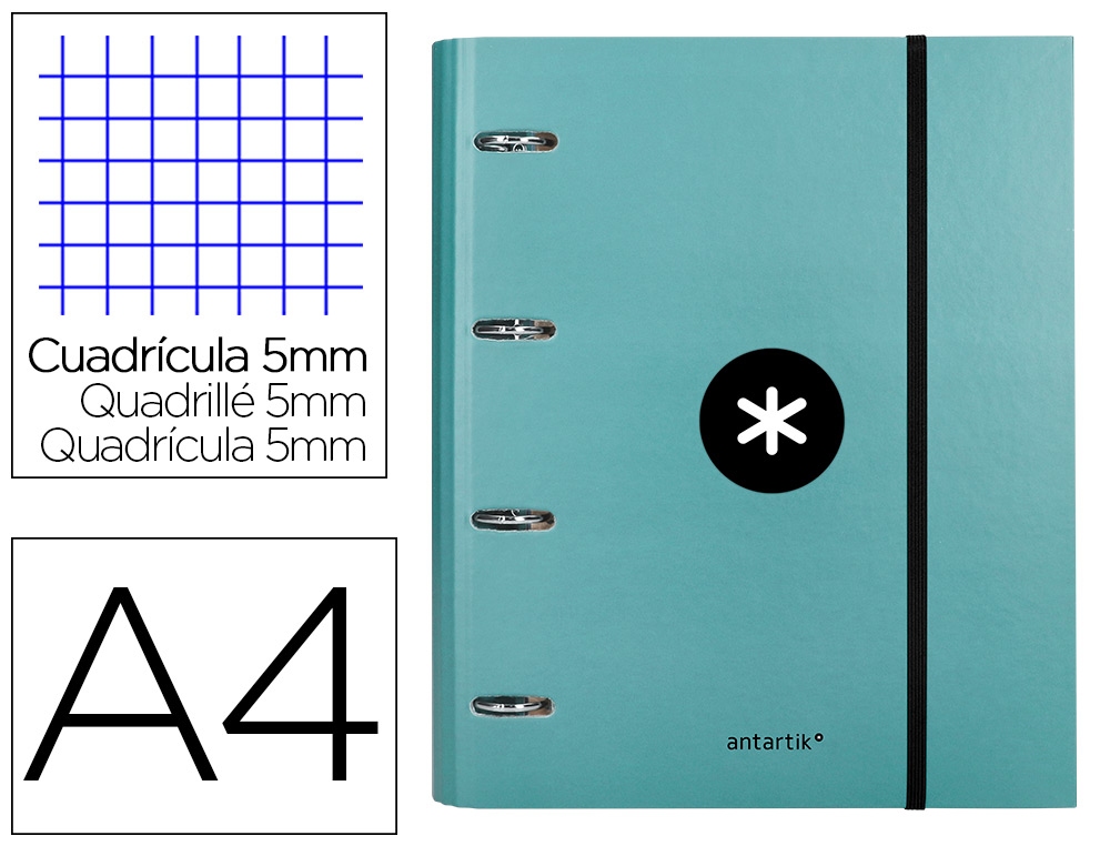 CARPETA CON RECAMBIO LIDERPAPEL ANTARTIK A4 CUADRO 5MM FORRADA 4 ANILLAS 40MM REDONDAS COLOR MENTA