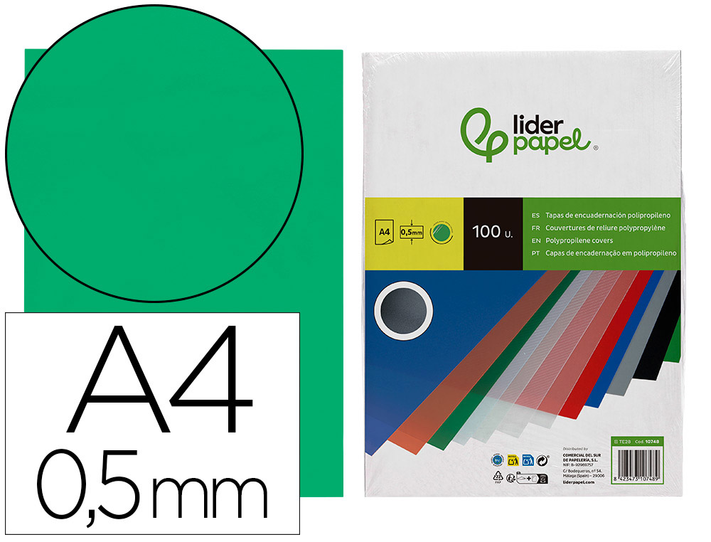 TAPA ENCUADERNACION LIDERPAPEL POLIPROPILENO A4 0.5 MM VERDE TRANSLUCIDO PAQUETE DE 100 UNIDADES