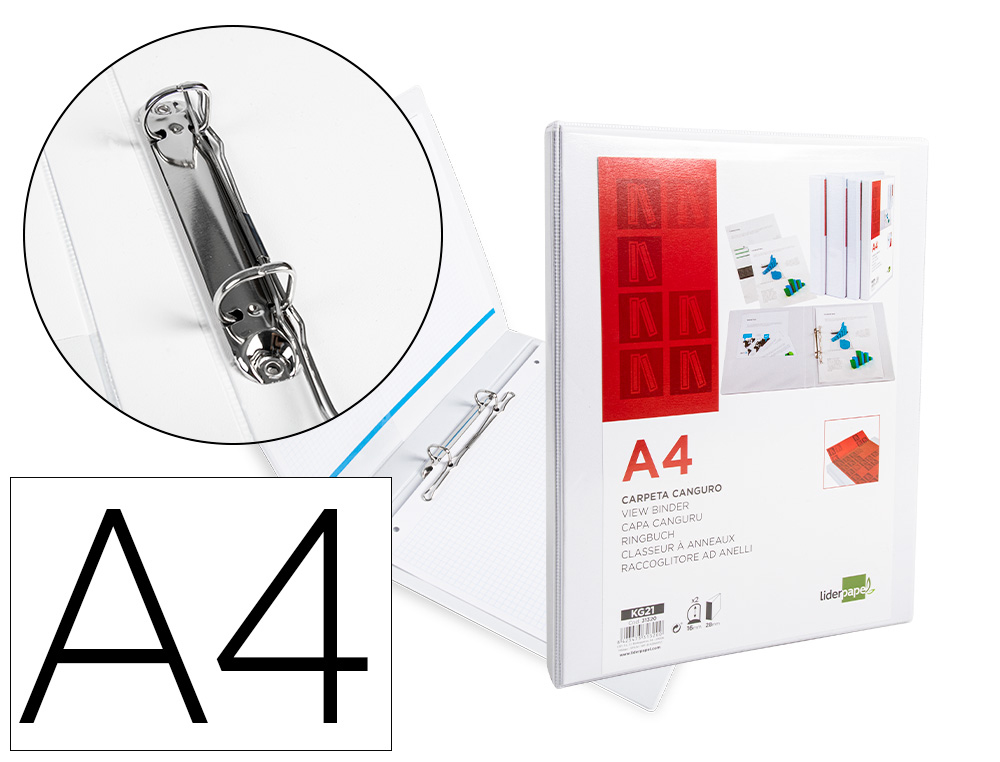CARPETA CANGURO 2 ANILLAS MIXTAS 16MM LIDERPAPEL A4 PLASTICO BLANCA