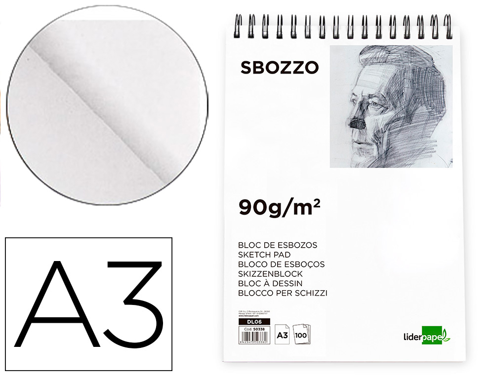 BLOC DIBUJO LIDERPAPEL ESBOZOS ESPIRAL A3 297X420MM 100 HOJAS 90G/M2 SIN RECUADRO